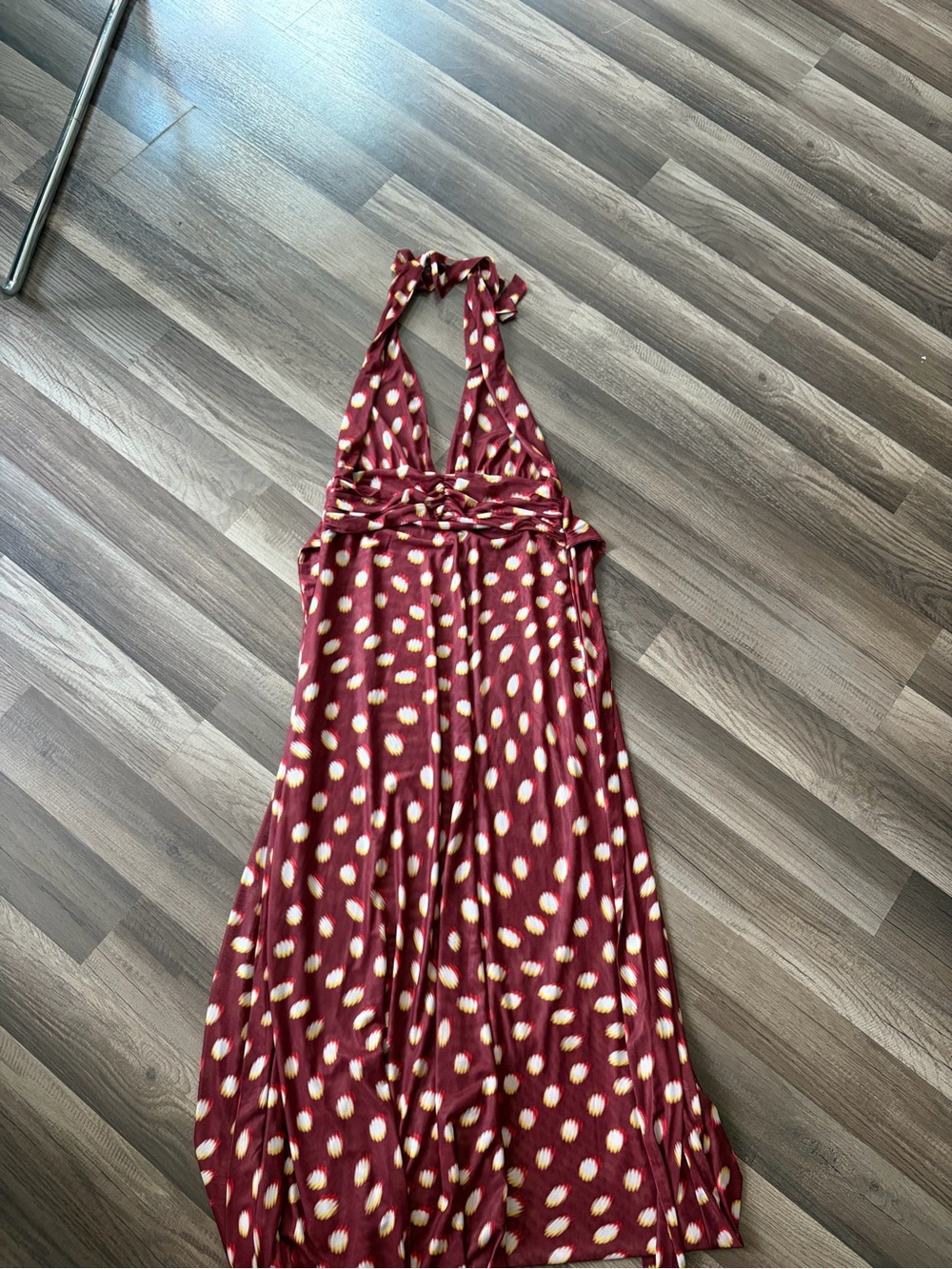 RESA Burgundy Halter Plunge Maxi with Cream Spot Print - Picture 4 of 7